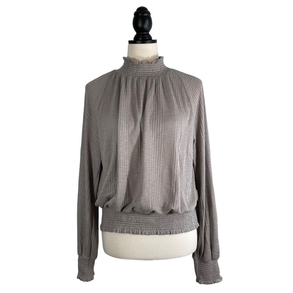 Free People Boulevard Top Textured Ruffle High Neck Taupe Gray, Size M - Picture 1 of 13